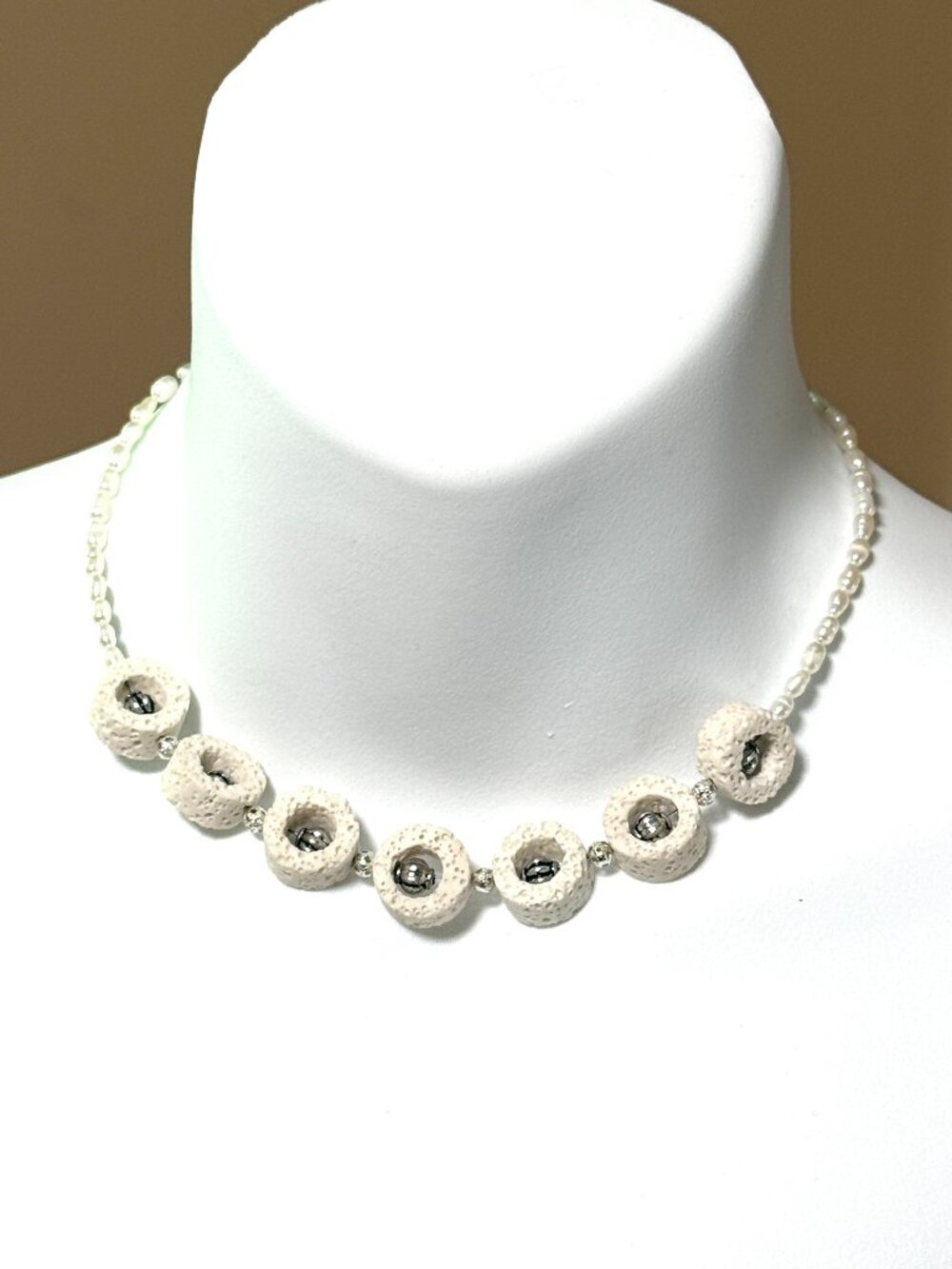 White Lava Stone & Freshwater Pearls Short Necklace, Beaded Minimalist Choker